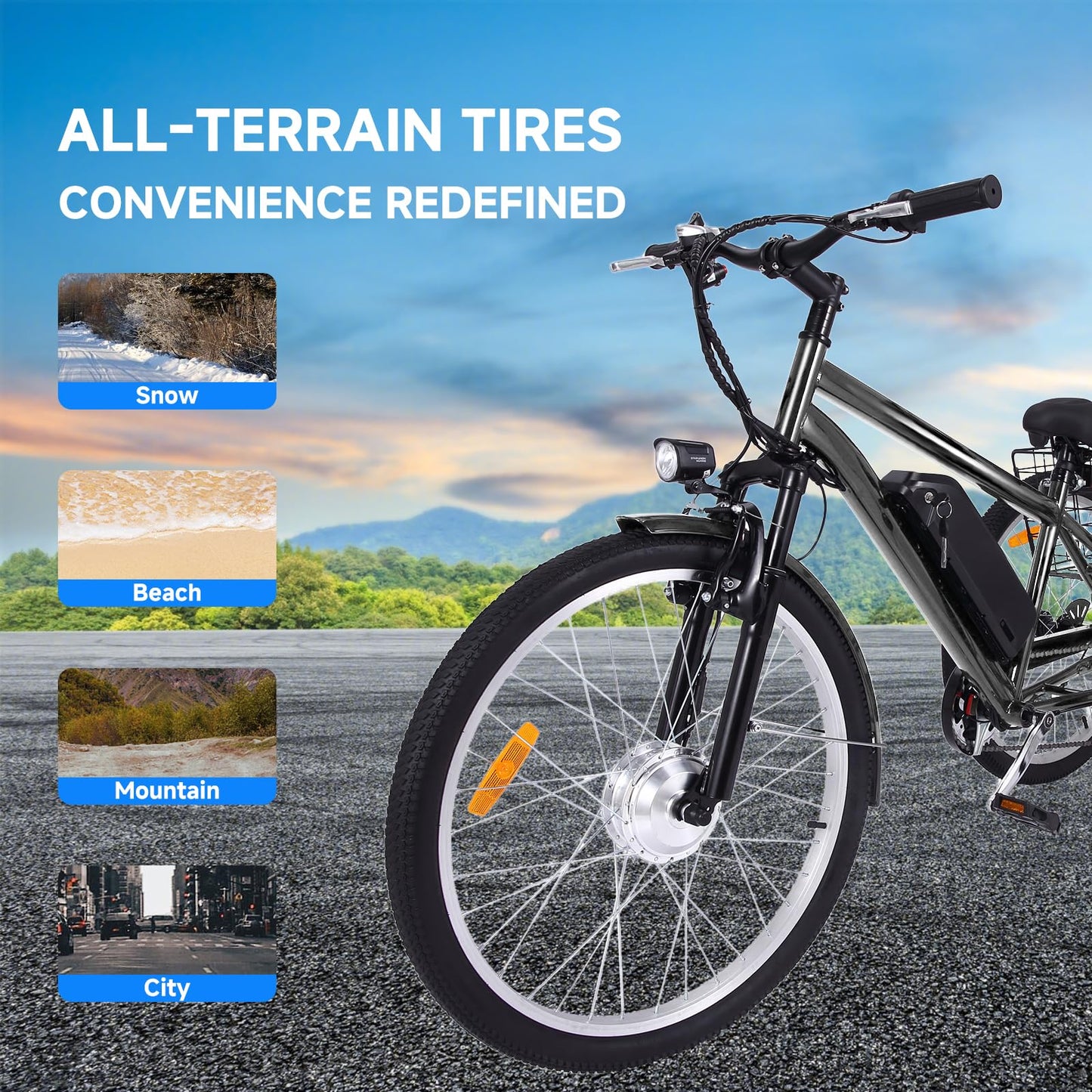 26 Inch Adult 3 Wheel Electric Tricycle with Basket, Fat Tires,7 Speeds,350W Powerful Motor, 36V 10Ah Removable Battery Dark Gray