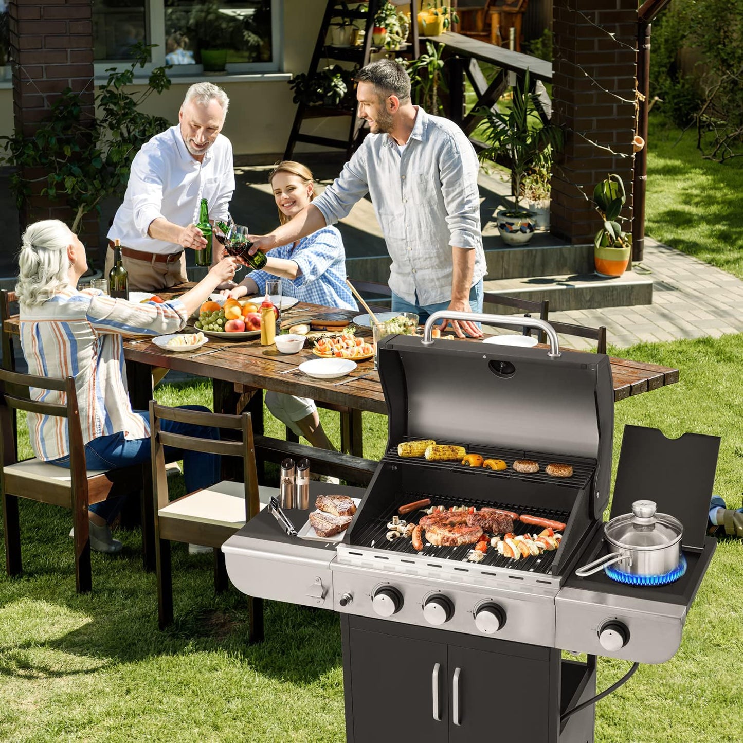Upgraded 4 Burner BBQ Propane Gas Grill with Cast Iron Grates & Side Stove, 44,000 BTU Stainless Steel Burner Barbecue Grill for Patio, Camping, Outdoor Cooking MELLCOM