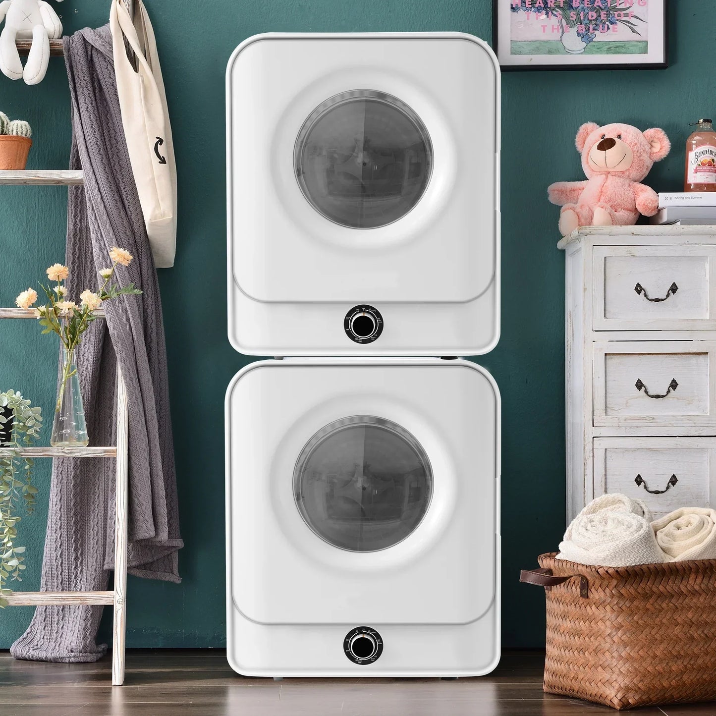 1.95 Cu.ft Front Load Clothes Dryer, Portable Compact Dryer 830W, 5 Drying Modes, Stainless Steel Drum, with Overheat Protection, Dust Removal, Deodorization and Lint Removal Functions, White